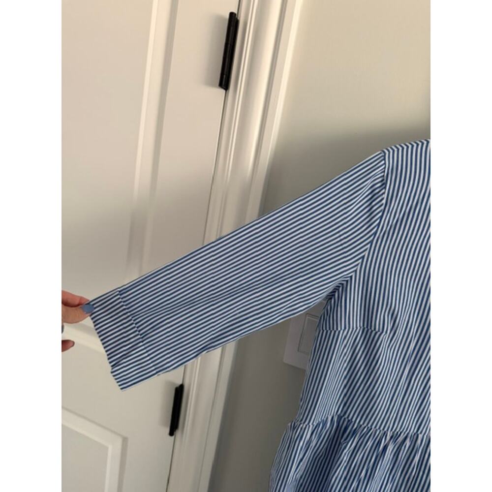 Tuckernuck NWOT Blue Stripe Royal Shirt Dress 3/4 Sleeve Tiered Mini Dress XS - Picture 4 of 11